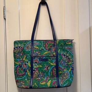 Vera Bradley Large Pleated Tote Shoulder Bag Purse Trimmed Emerald Green Paisley